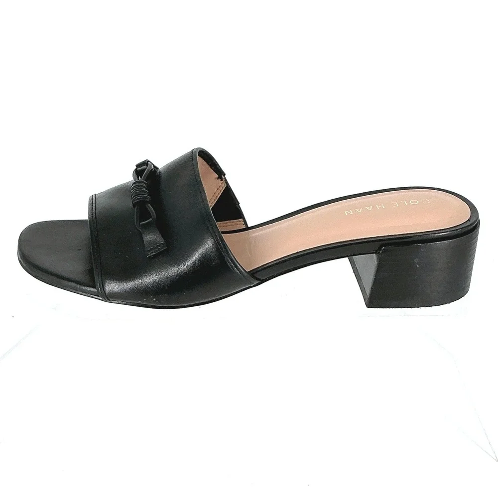 Cole Haan Grand 360 Size 8 Black‎ Leather Knot Slide Sandals Block Heel Womens